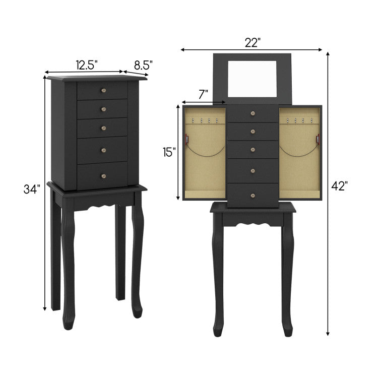 Standing Jewelry Storage Armoire with Mirror (Black)
