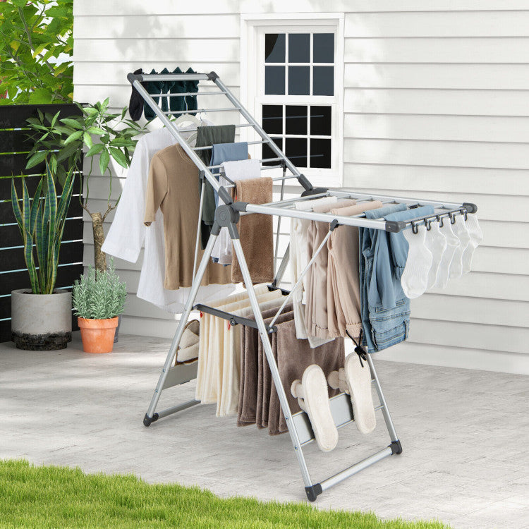 Folding Clothes Drying Rack 2 Layer with 5-Level Adjustable Height