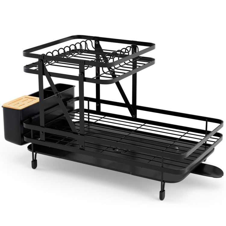 Folding Dish Drainer Rack with Removable Drip Tray (Black)