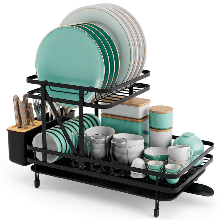Folding Dish Drainer Rack with Removable Drip Tray (Black)