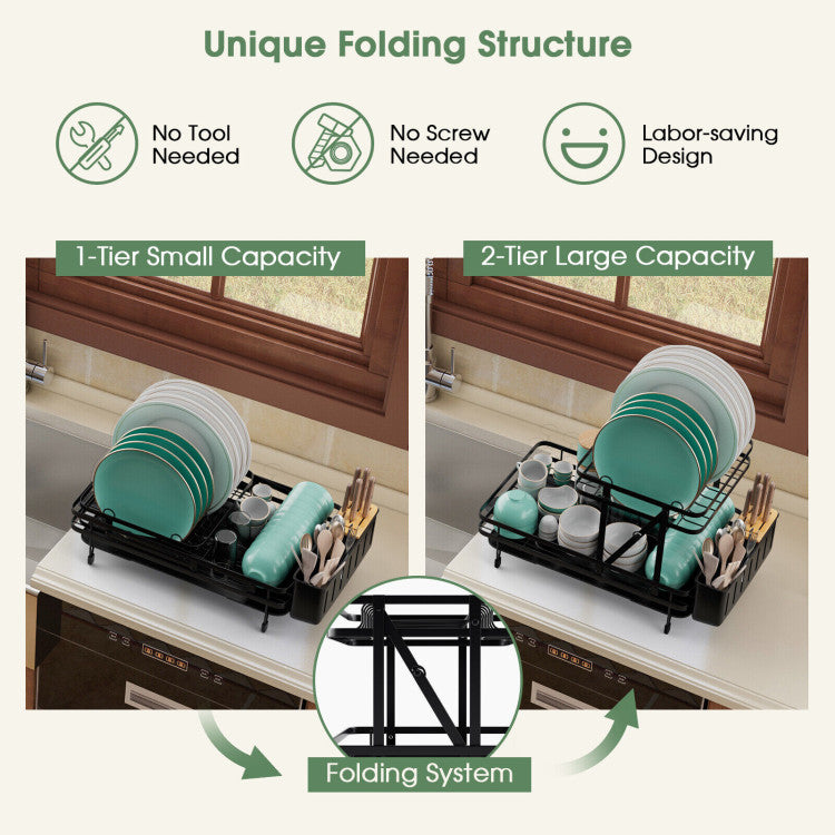 Folding Dish Drainer Rack with Removable Drip Tray (Black)