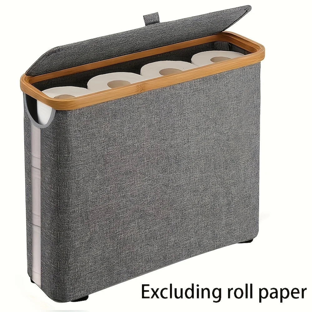Modern Fabric Like Bathroom Cabinet 9-Roll Capacity Tissue Storage Bin with Bamboo Lid (Gray)