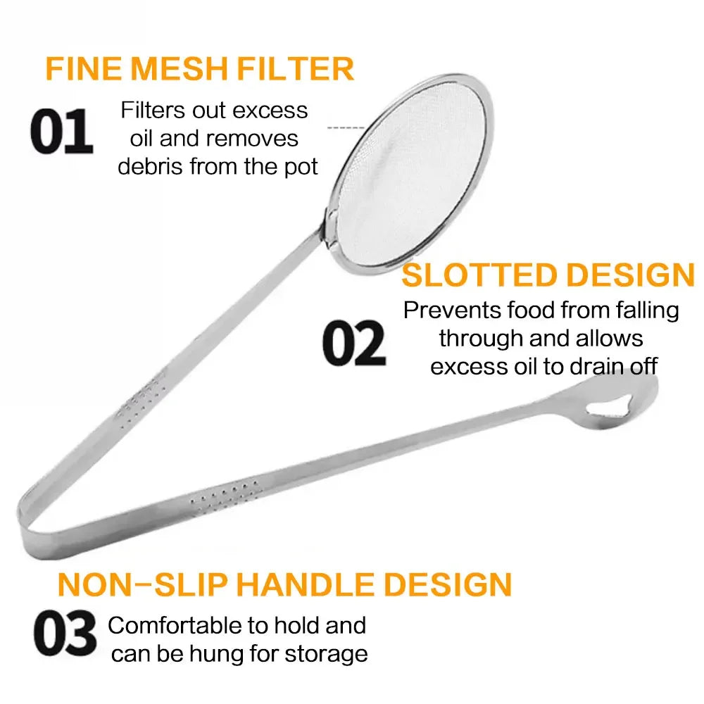 Stainless Steel Fine Mesh Strainer Spoon with Clip – Heat-Resistant Oil Filter Colander for Fried Food, Soup, Sauce, Pasta, Vegetables, Salad &amp; BBQ Cooking