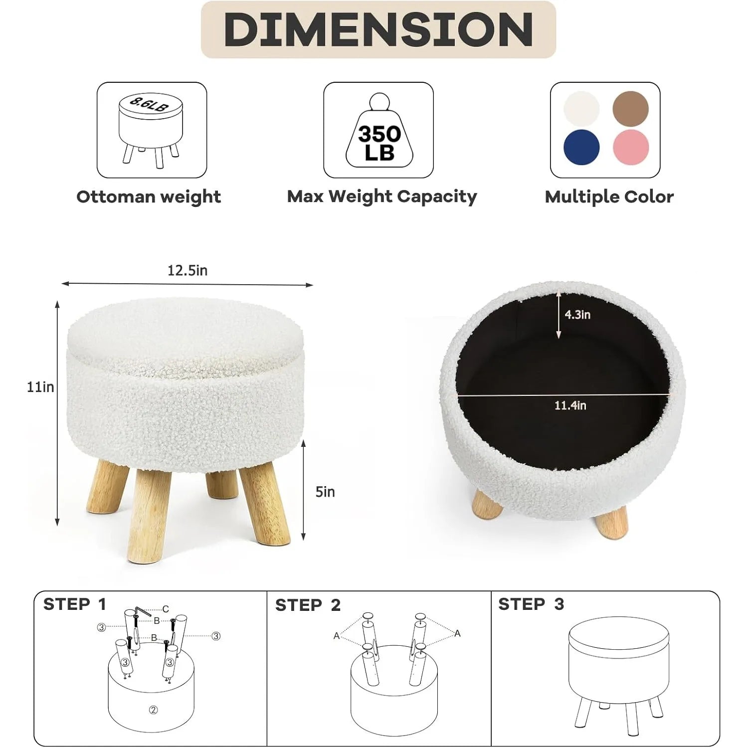 Nordic Boucle Footstool and Accent Furniture with Wooden Legs for Living Room (Black)