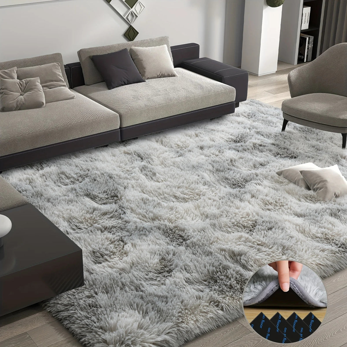 Fluffy Tie Dyed Gray Area Rug Non-Slip Carpet for Living Room, Bedroom &amp; Home Decoration