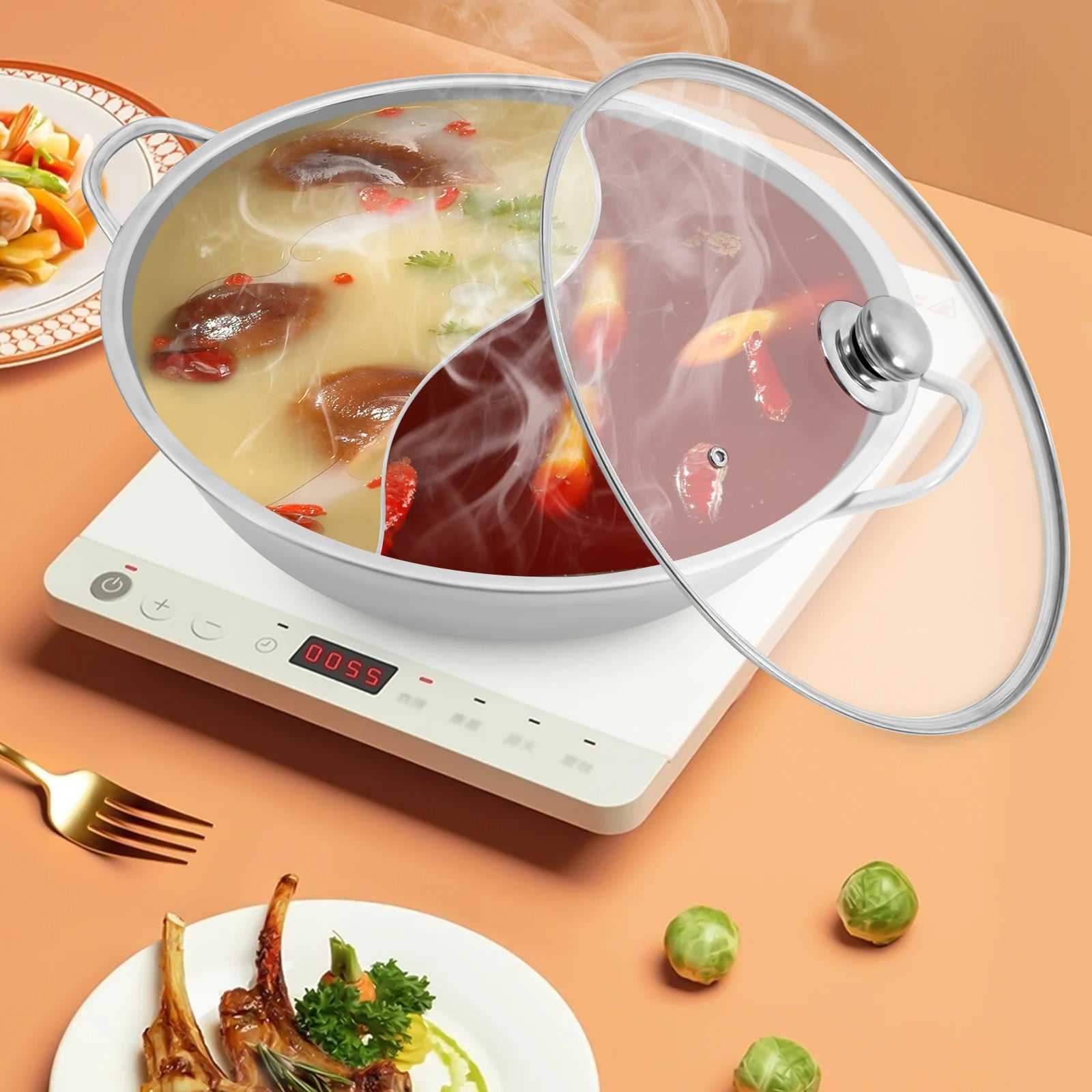 Stainless Steel Shabu-Shabu Hot Pot with Divider Glass Lid