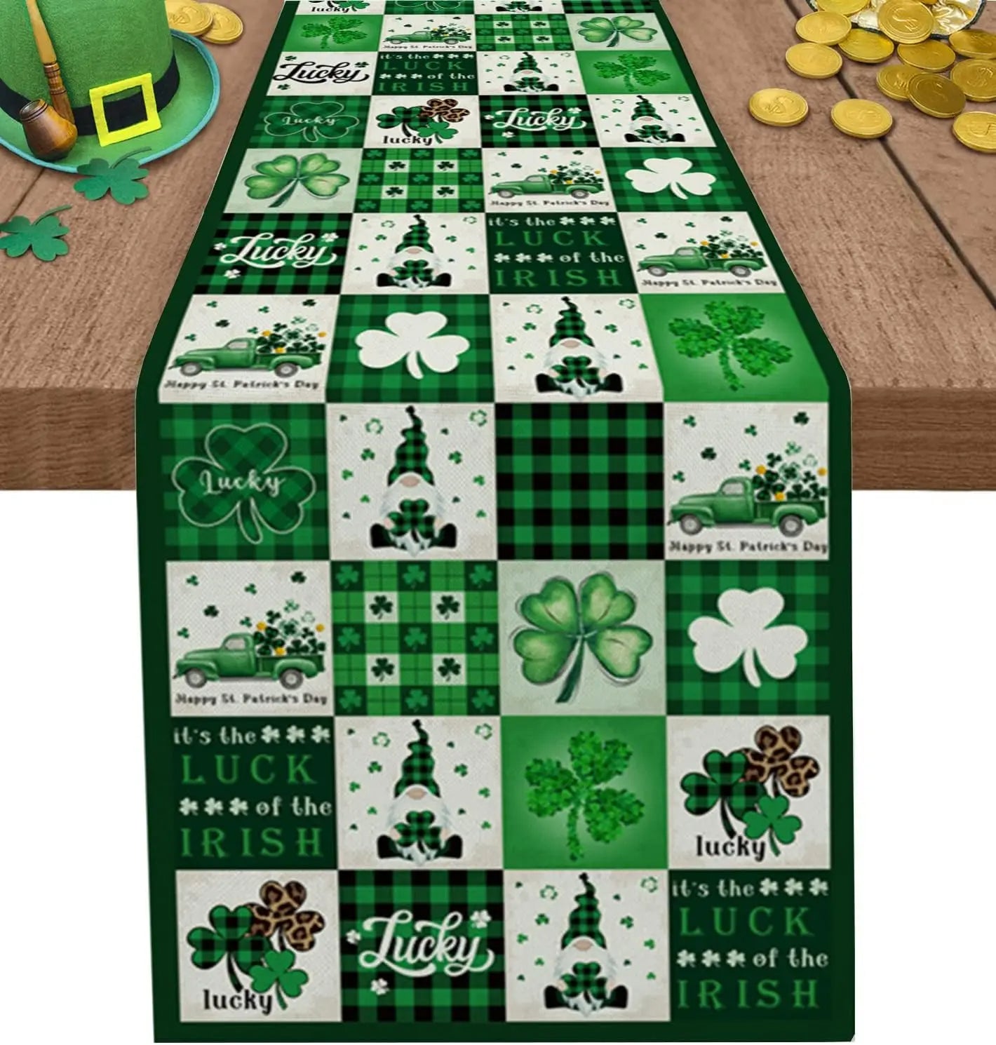 St. Patrick's Day Table Runner with Gnomes Shamrock & Clover Design