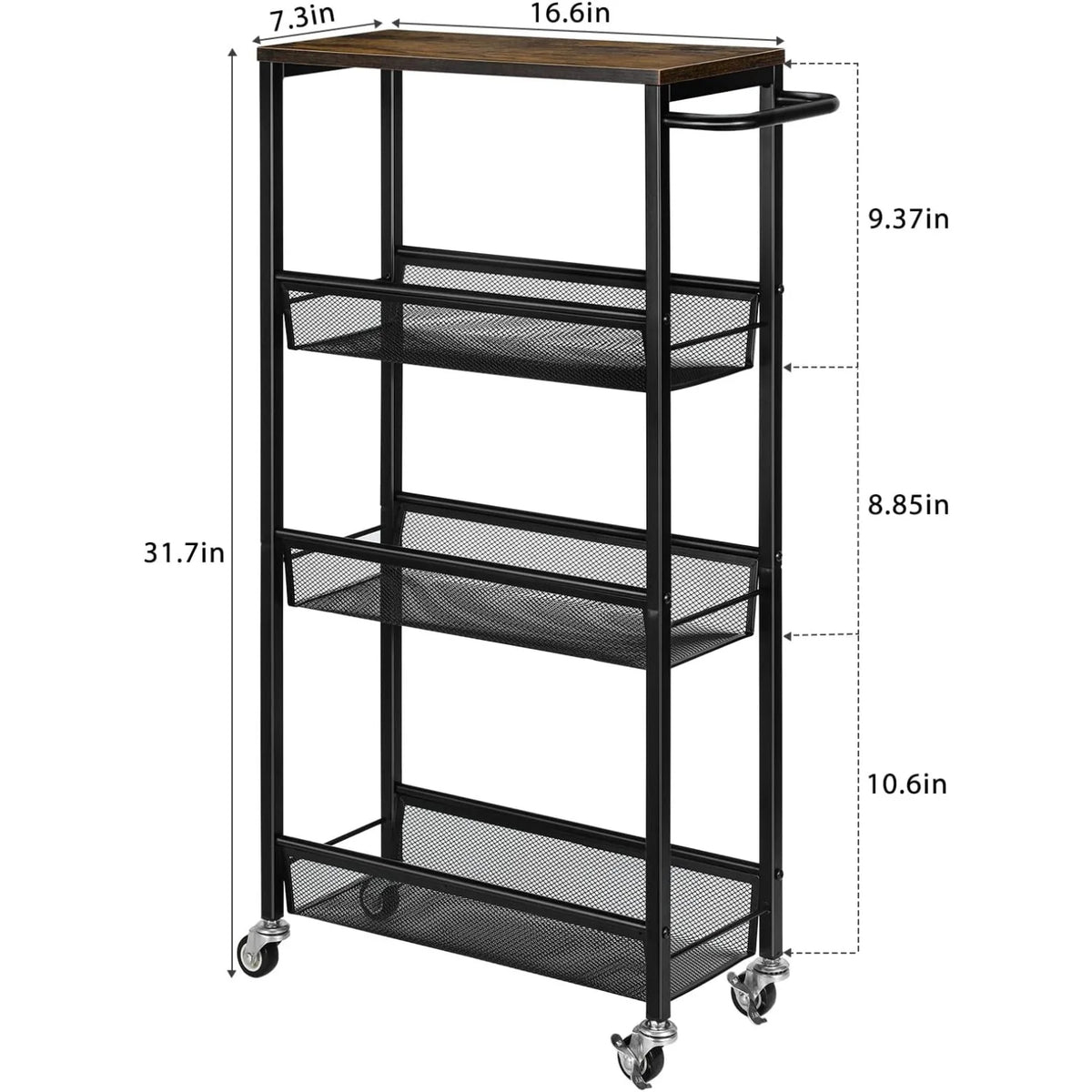 4-Tier Slim Rolling Cart with Wooden Top Metal Handle Space-Saving Storage Organizer for Small Kitchens