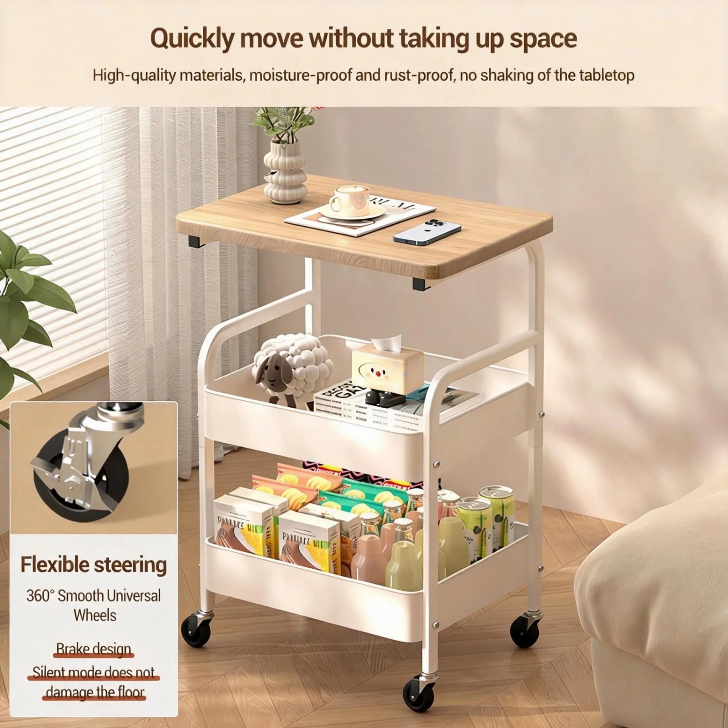 3-Tier Rolling Cart Wood Tabletop Utility Organizer (White)