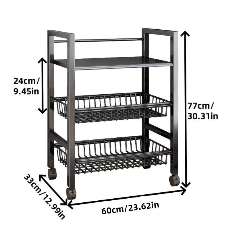 3-Tier Kitchen Storage Rack – Adjustable Utility Trolley with 2 Wire Baskets