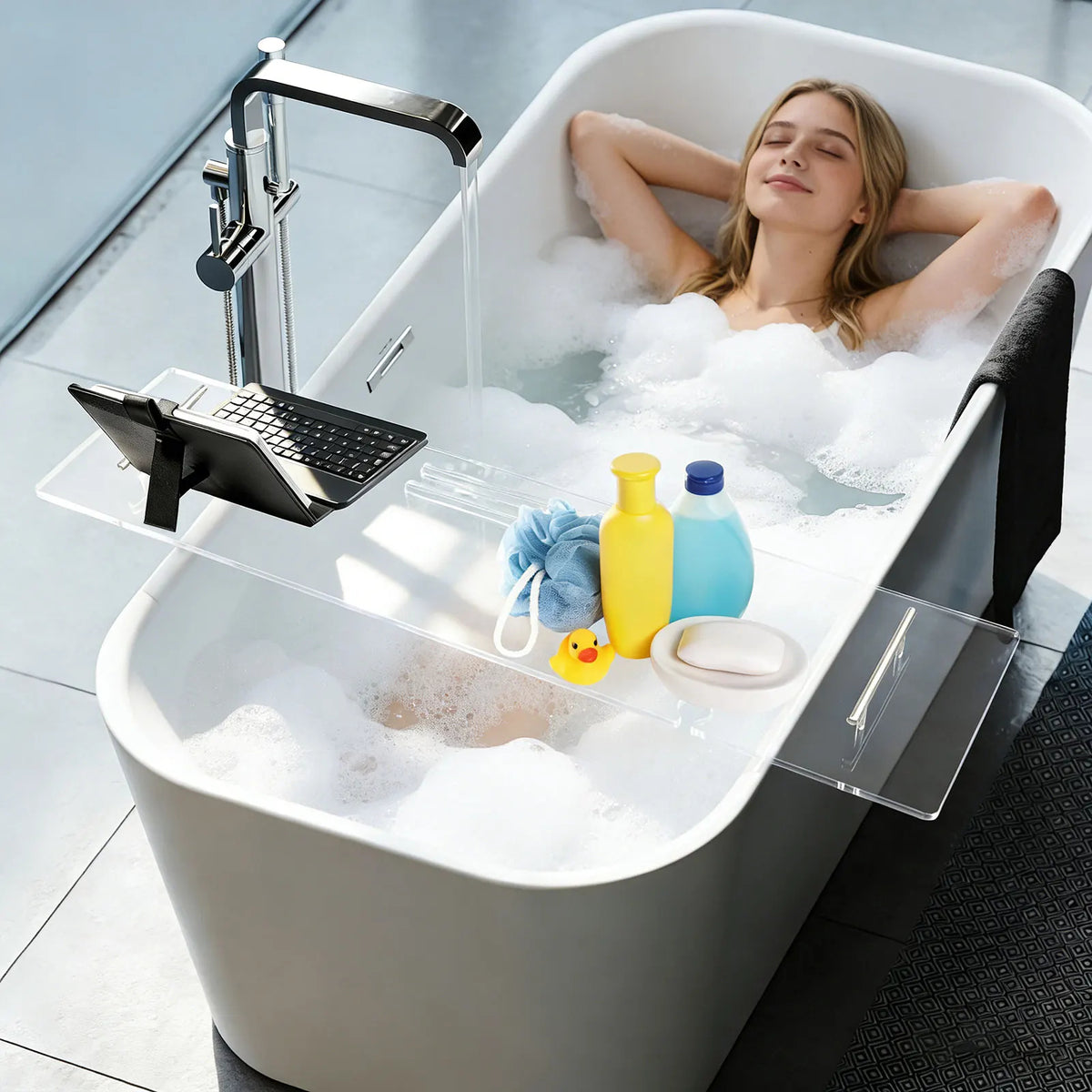 Luxury Acrylic Bathtub Tray – Clear Bath Caddy with Phone, Wine Glass &amp; Book Holder