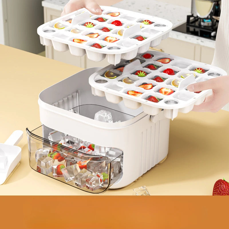 Press Ice Tray with Ice Cube Mold &amp; Storage Box – Large Capacity Ice Maker Tool (Ivory White)