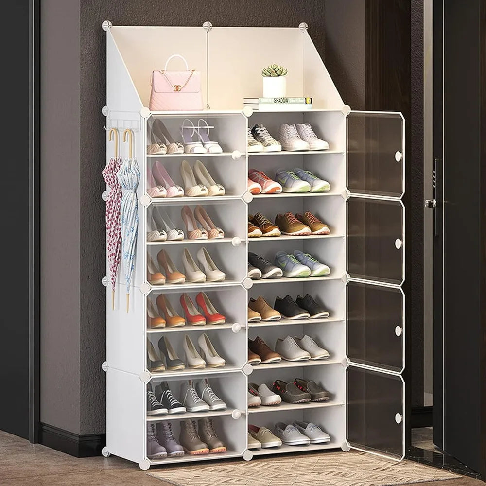 Portable Shoe Rack with Doors Large Capacity 32-64 Pair Storage (White)