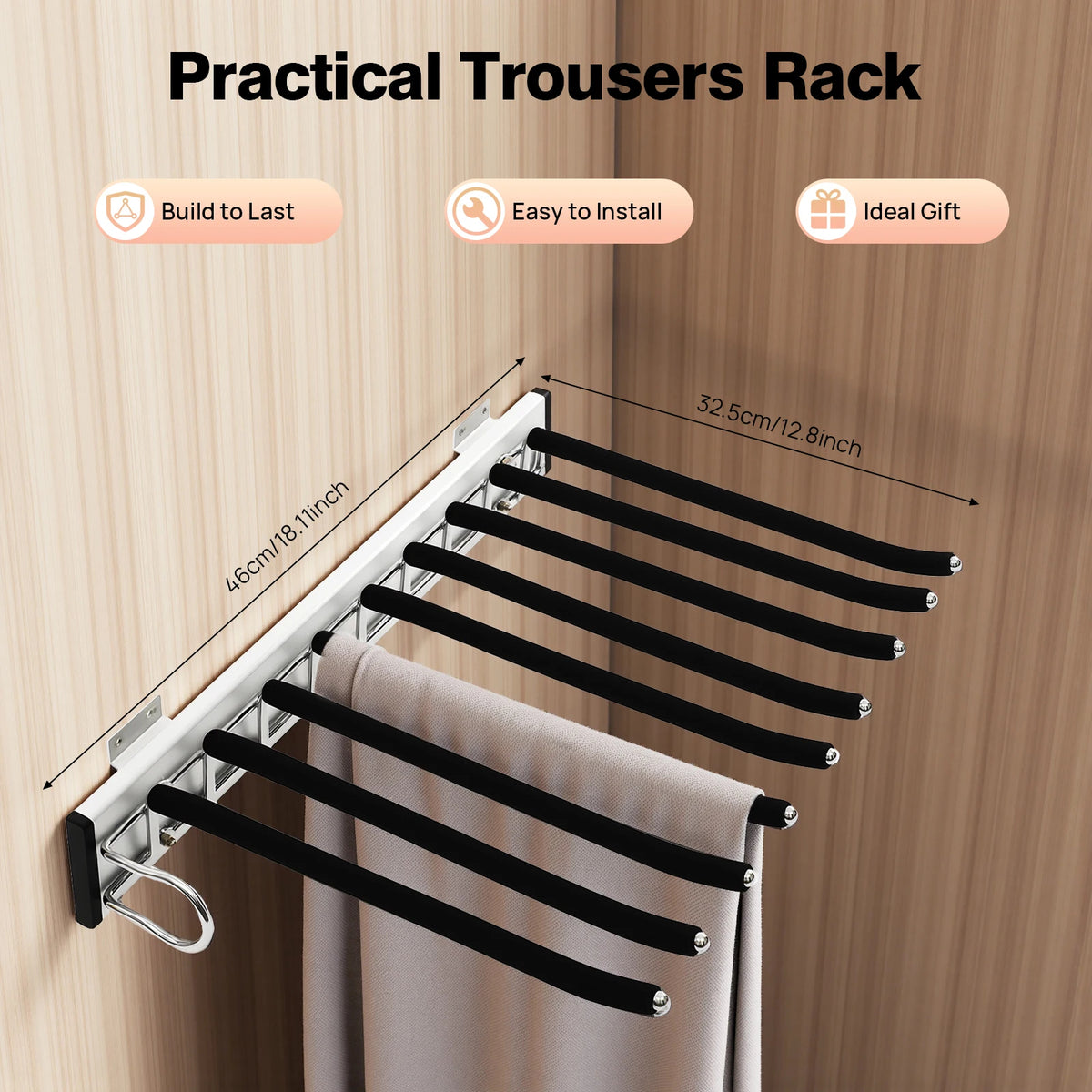 Pull Out Trousers Rack 9 Rods Retractable Wardrobe Pants Organizer (Left)