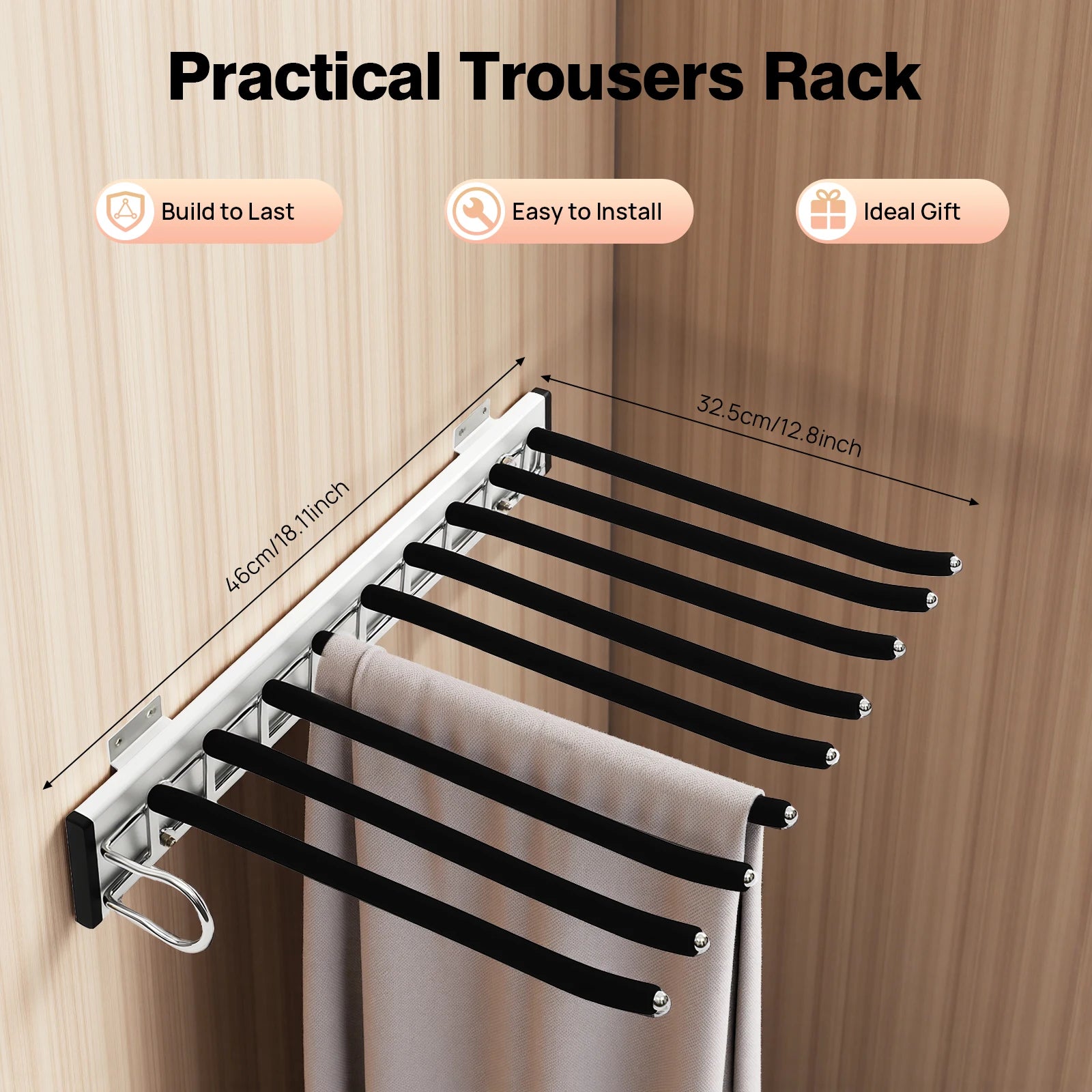 Pull Out Trousers Rack 9 Rods Retractable Wardrobe Pants Organizer (Left)
