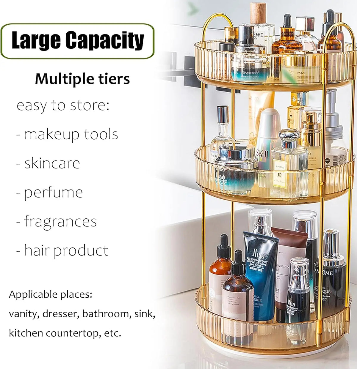 Rotating Makeup Organizer High Capacity 3-Tier, Clear