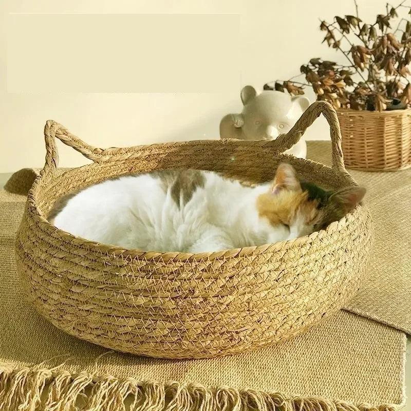 Handmade Woven Cat Basket 46CM with Washable Cushion