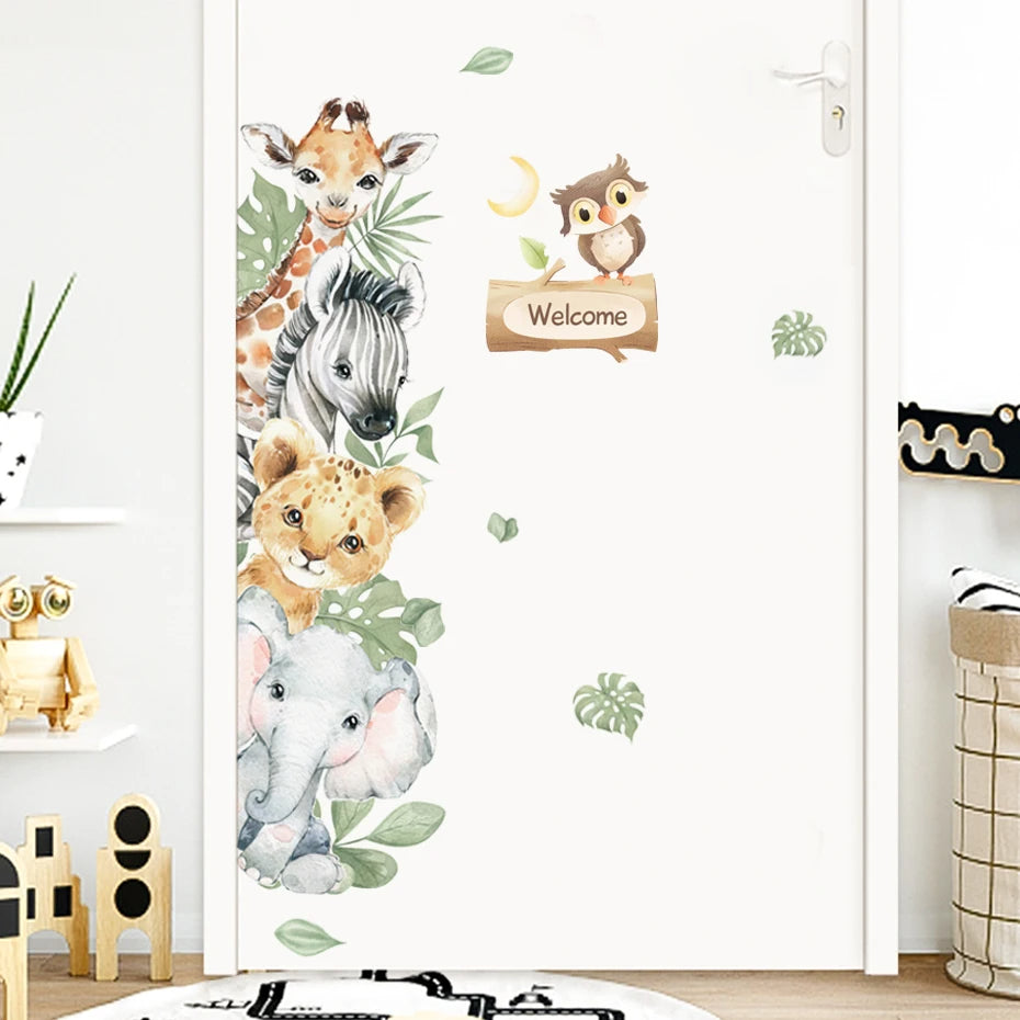 Door Stickers Cute Jungle Animals Elephant Giraffe Watercolor Wall Sticker for Kids