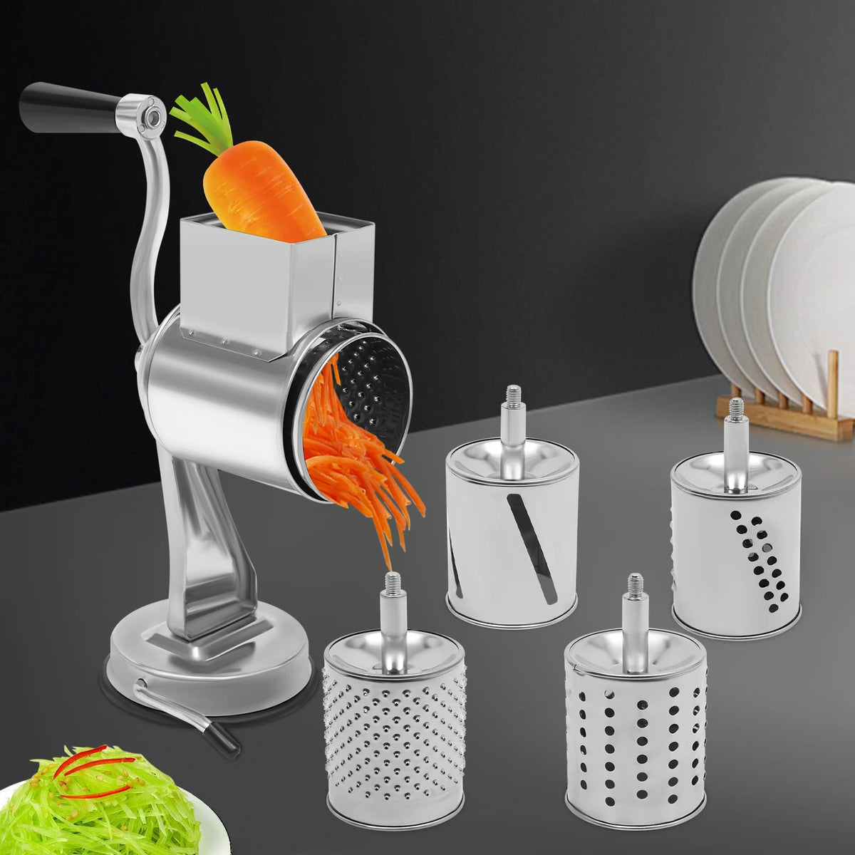 Rotary Grater with 5 Blades Stainless Steel – Manual Drum Grinder Vegetable Slicer
