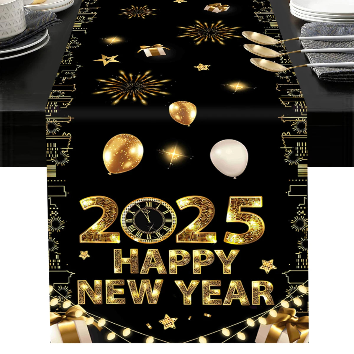 Happy New Year Black Gold Backdrop Table Runner For 2025 Decoration