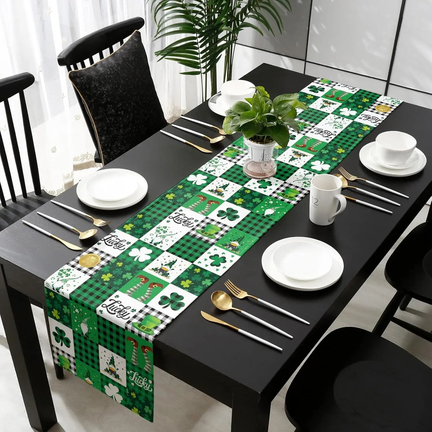 St Patricks Lucky Clover Gnomes Checkered Table Runner