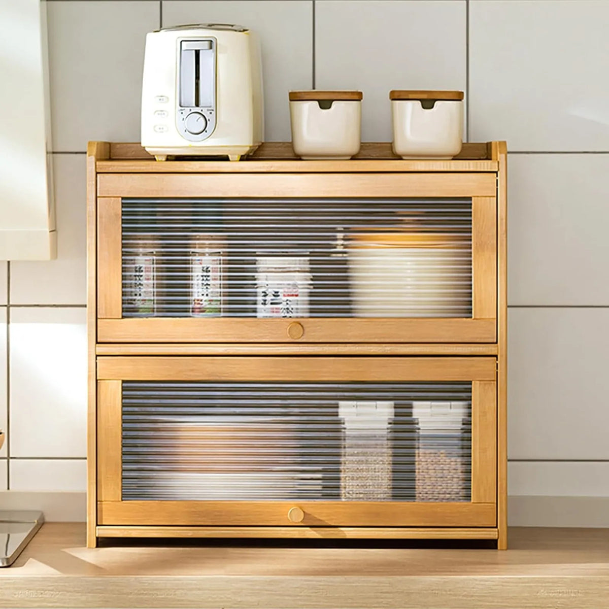 2-Tier Bamboo Kitchen Storage Cabinet – Versatile Countertop Organizer with Clear Acrylic Sliding Doors