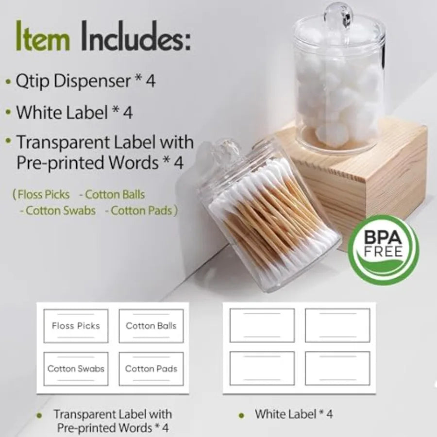 Acrylic Qtip Holder Dispenser, 4-Pack Cotton Swab &amp; Cotton Ball Holder, Makeup Pad Storage Container, Clear Bathroom Vanity Organizer, Small Apothecary Jar