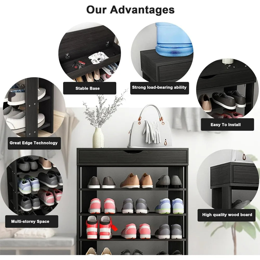 5 Tier Shoe Rack Wooden Storage Cabinet for Entryway (Black)