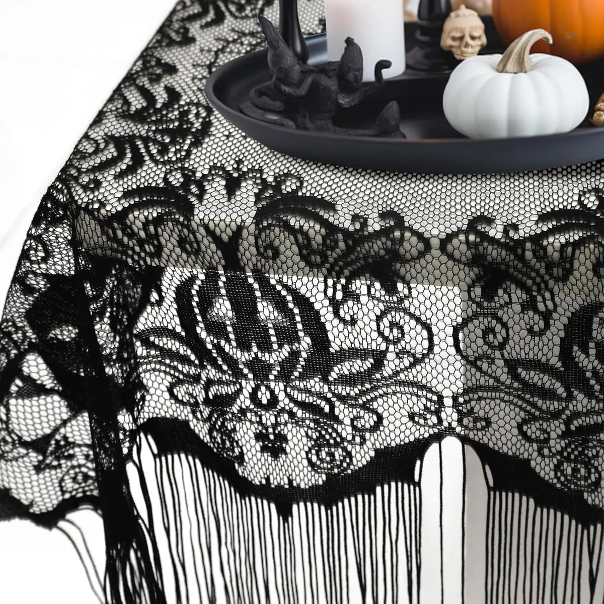 Halloween Black Lace Skull Tablecloth with Tassels