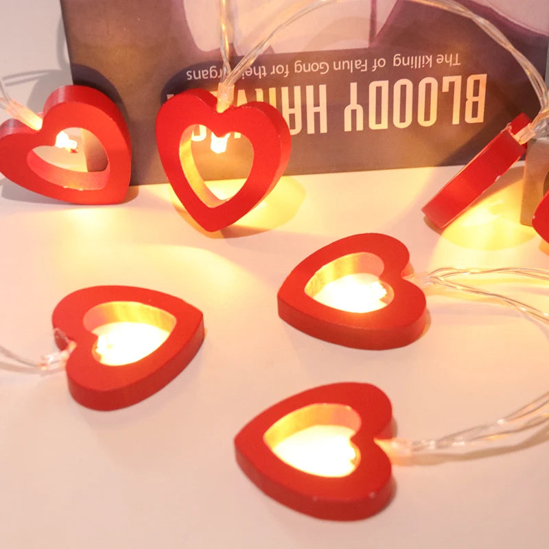 10pcs Valentine's Day Wooden Heart String Lights LED Fairy Lights (Red)