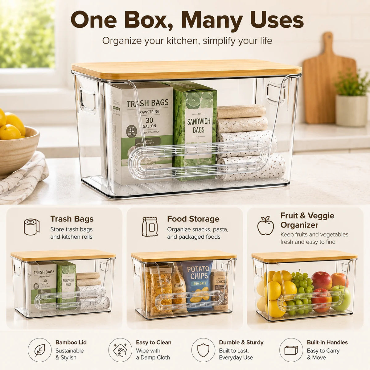 Bamboo Lid Refrigerator Storage Organizer, Transparent Stackable Fridge Storage Bin with Pull Handle, Food &amp; Beverage Organizer for Juice, Dairy, Produce, Pantry &amp; Kitchen Countertop