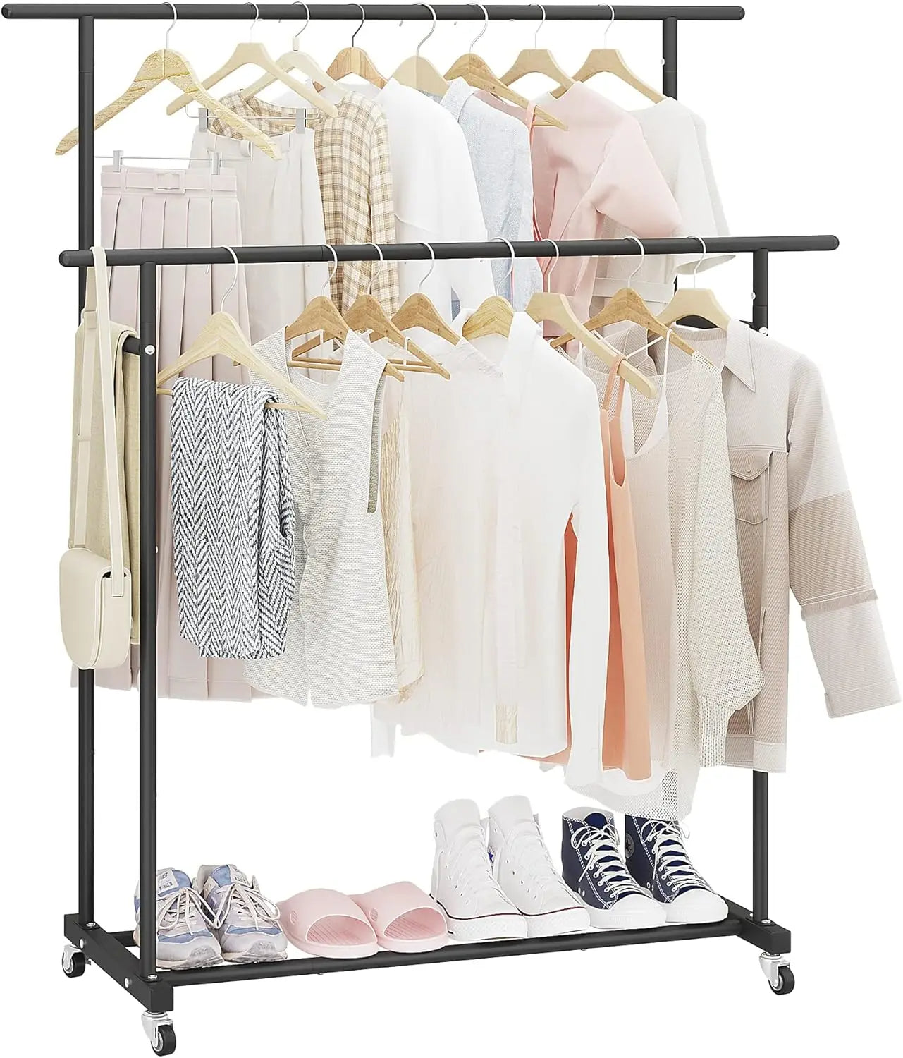 Portable Double Rod Garment Rack Rolling Clothes Organizer