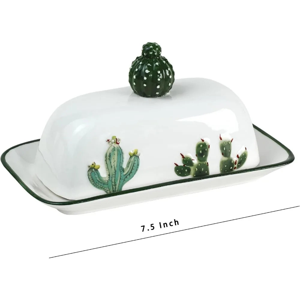 Embossed Cactus Pattern Ceramic Butter Dish