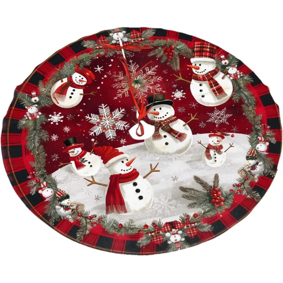 Snowman Christmas Tree Skirt 36 Inch – Farmhouse Style Holiday Decoration with Snowflake and Berry Design