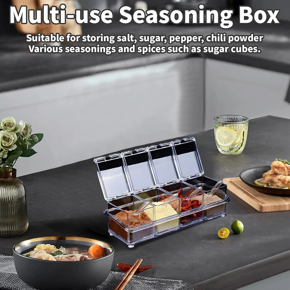 Premium 4-Grid Acrylic Seasoning Box Organizer Clear Countertop Condiment Container