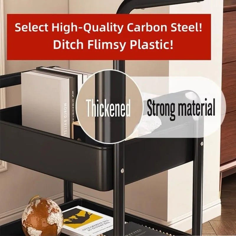 3-Tier Metal Rolling Storage Cart with Walnut Wood (White)