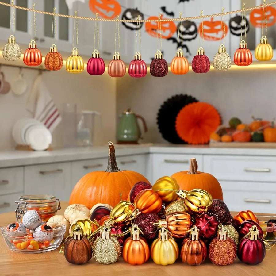 36 Count Small Pumpkin Hanging Ornaments – Rustic Fall Harvest Ball Decorations