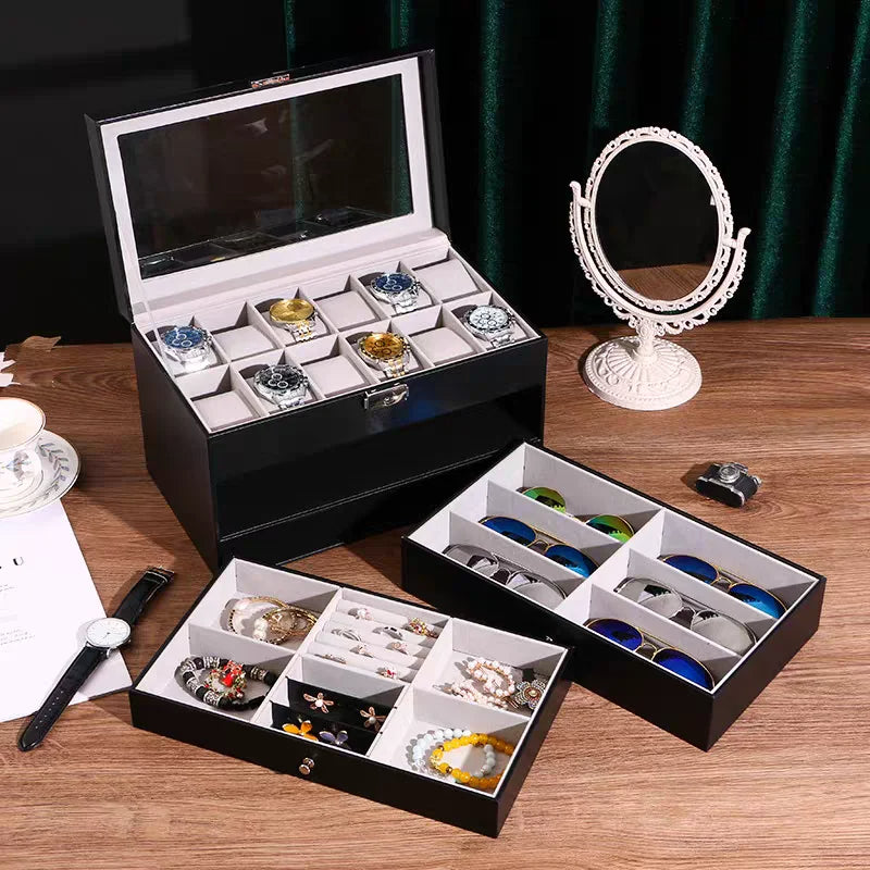 Watch Box Sunglass Organizer 3-Layer Black Leather with Jewelry Drawer