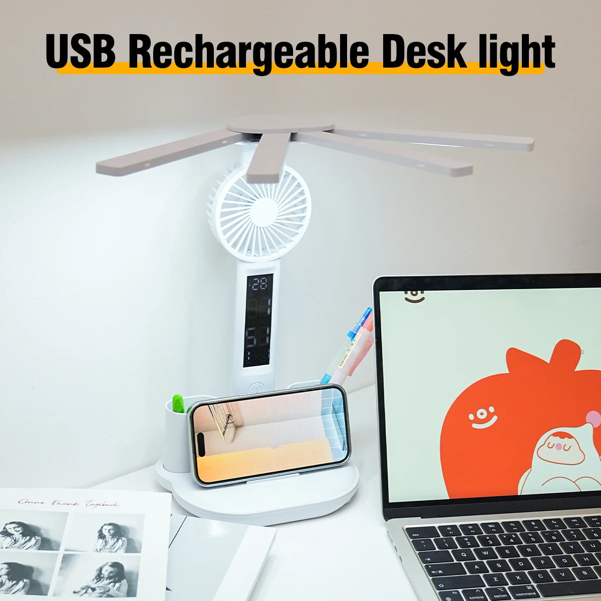 Rechargeable Smart LED Desk Lamp with Fan, Clock, & USB Charging Plugin Lamp