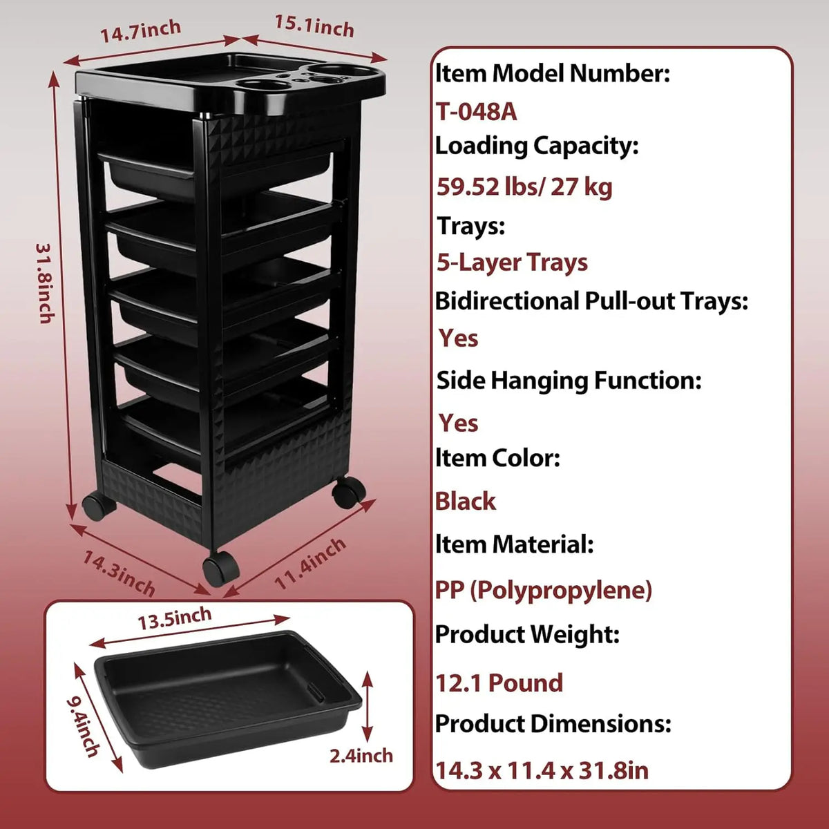 5-Tier Salon Hairdressing Rolling Cart (Black)