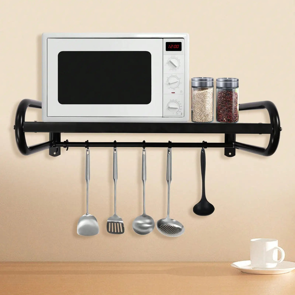 Wall Mount Microwave Oven Shelf Kitchen Storage Rack with 6 Hooks (Black)