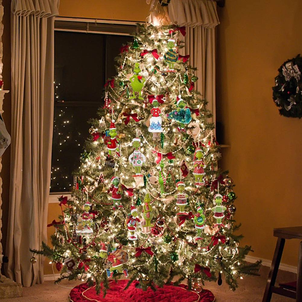 Christmas Tree Green Monsters Ornaments (18 Pcs) Cute Acrylic Cartoon Pendants