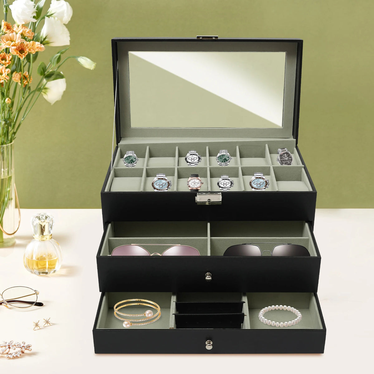 Desktop Jewelry Case with 12 Watch Slots (Black)