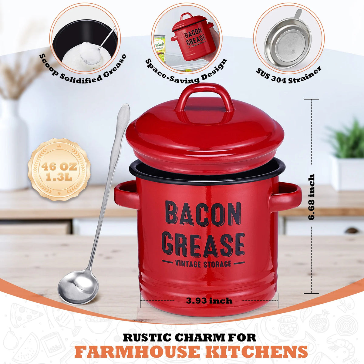 Bacon Grease Container with Fine Mesh Strainer 46oz