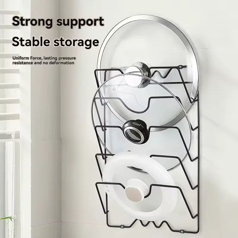 5-Tier Pot Lid Organizer Rack – Wall-Mounted Metal Kitchen Storage Holder for Pot Covers &amp; Cookware