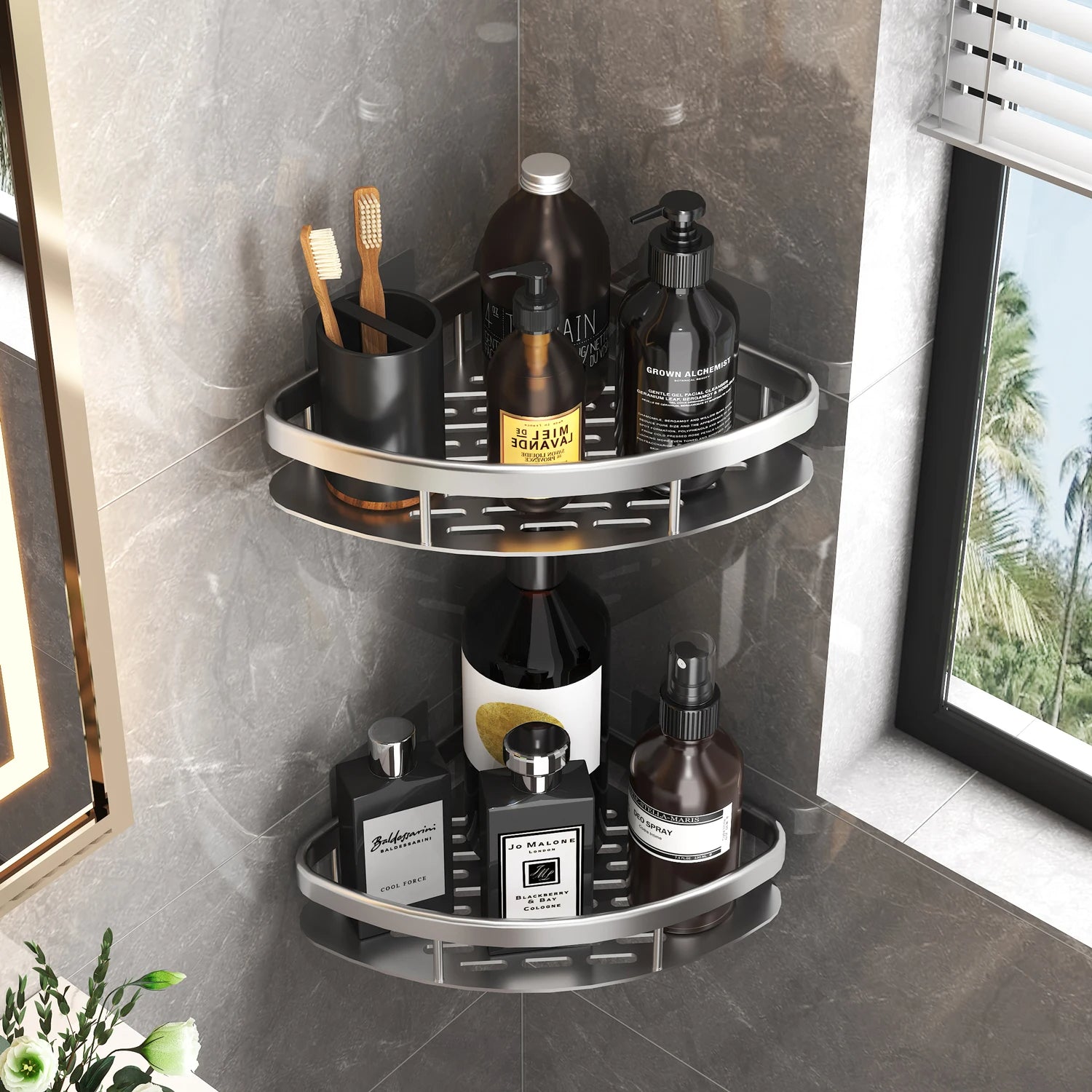 Shampoo Rack Single Tier Shelf No Drill Shelf Kitchen Storage Organizer (Silver)