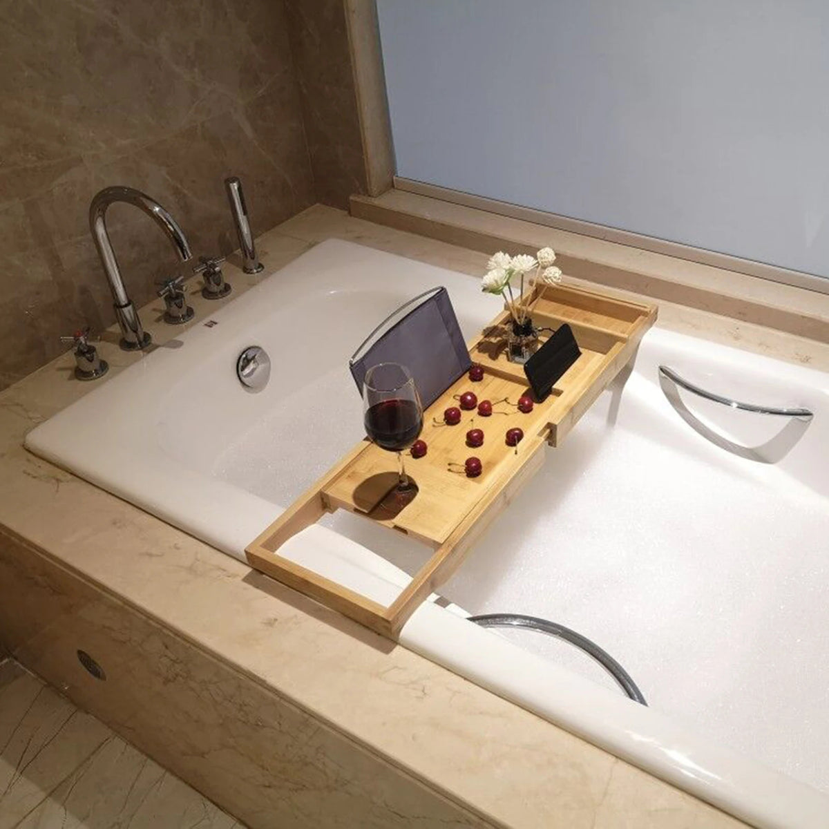 Adjustable Bamboo Bathtub Shelf Bath Board Organizer with Tablet Holder and Wine Glass Slot