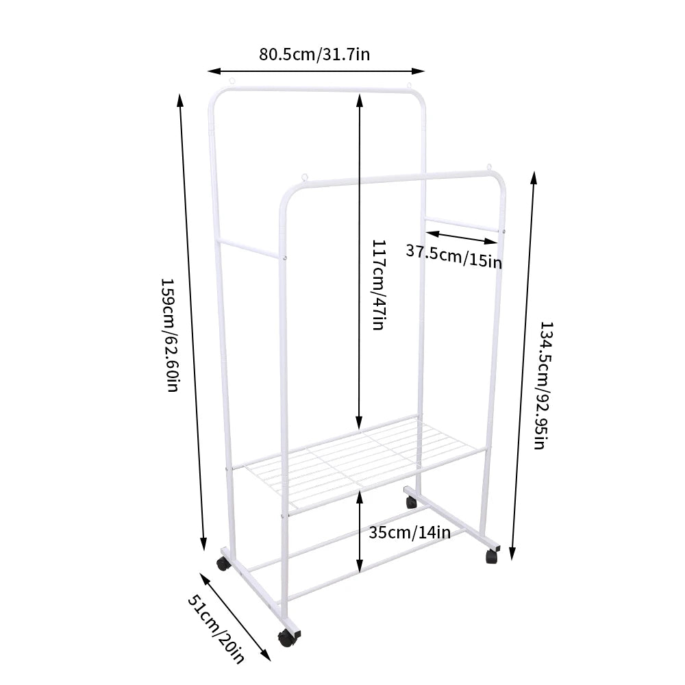 Rolling Clothes Rack Heavy Duty Metal 360° Wheels Coat Hanger Stand (White)