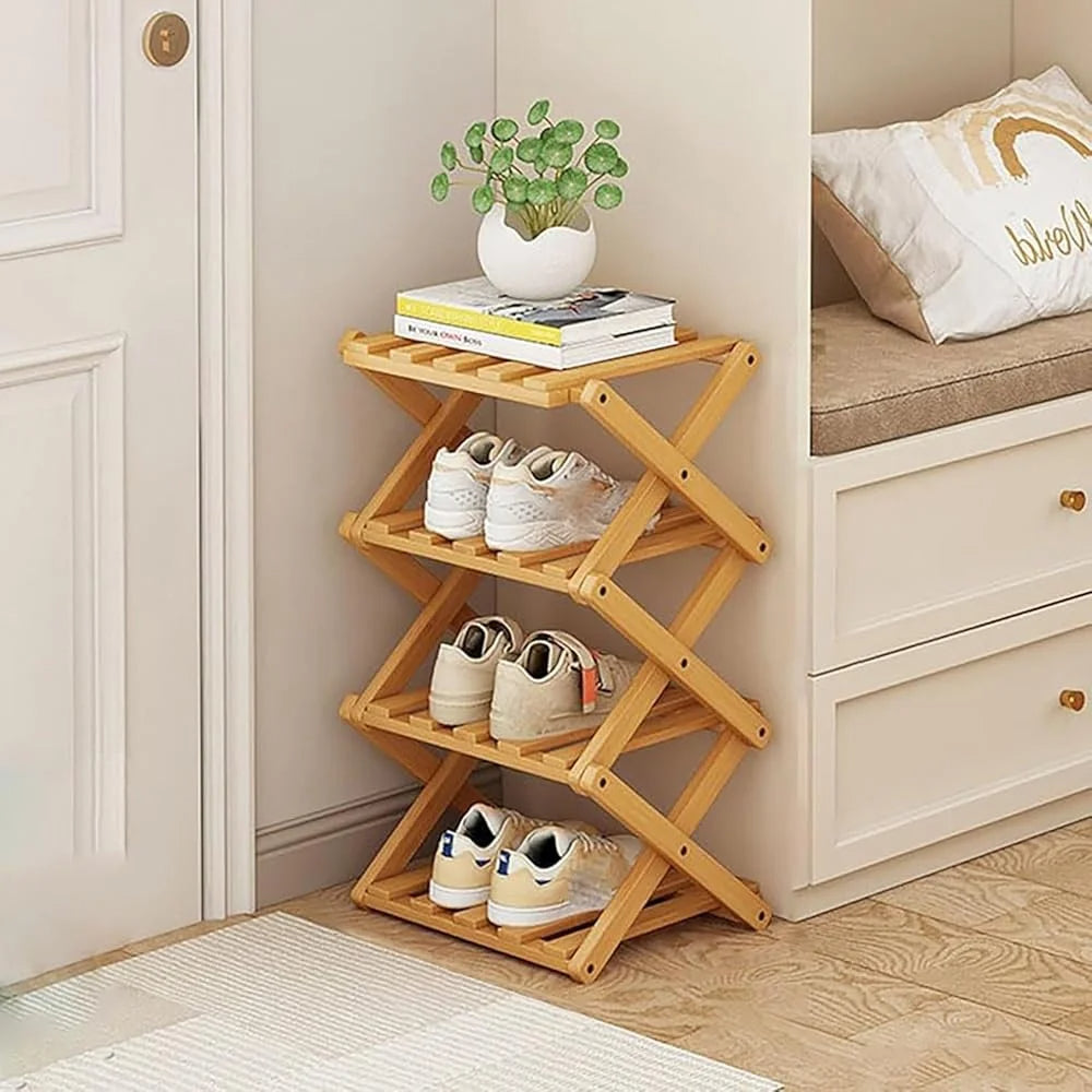 4-Tier Bamboo Shoe Rack Foldable Space Saving Organizer