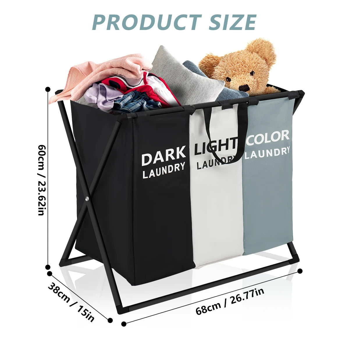 3 Sections Divided Laundry Basket Large Foldable Hamper